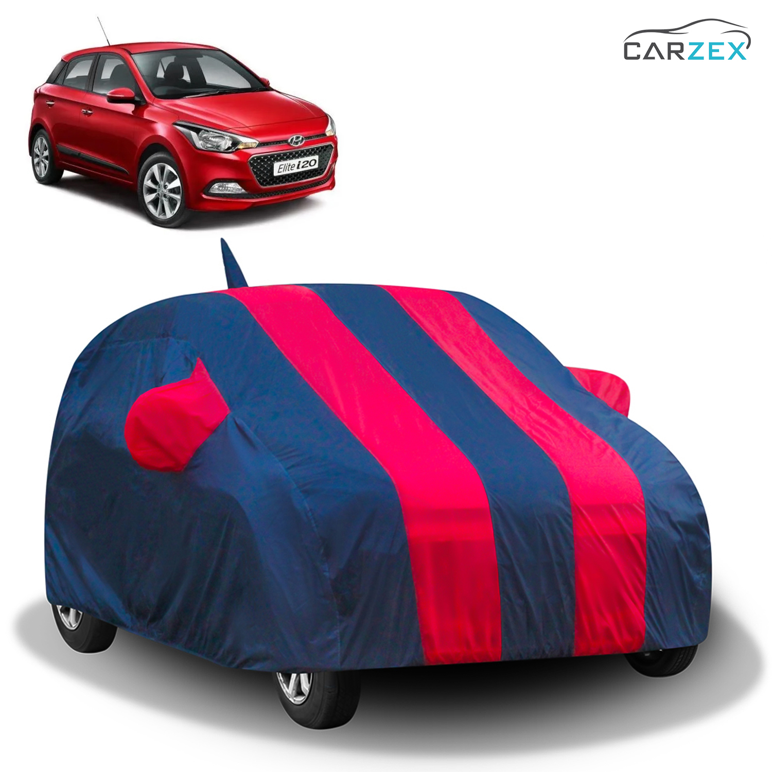 Carzex Stylish Red & Blue Stripes Car Body Cover with Mirror & Antenna Pockets for Hyundai Elite i20